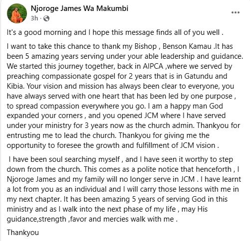 Statement by James Njoroge of Jesus Compassion Ministry. PHOTO/ https://www.facebook.com/profile.php?id=100062940234216