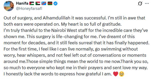 Hanifa Adan’s statement after successful surgery. PHOTO/ A screengrab by K24 Digital from @Honeyfarsafi