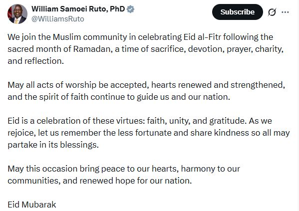 President William Ruto’s message. PHOTO/ @WilliamsRuto