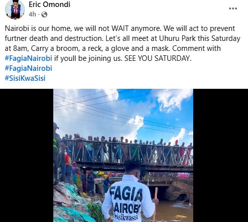 Eric Omondi launches new initiative named Fagilia Nairobi in response to flooding in the city. PHOTO/A screengrab by K24 Digital from https://www.facebook.com/profile.php?id=100044317755329