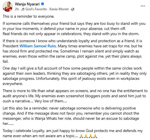 Wanja Nyarari’s statement celebrating friendship with Ruto. PHOTO/A screengrab by K24 Digital from https://www.facebook.com/muthee.prince