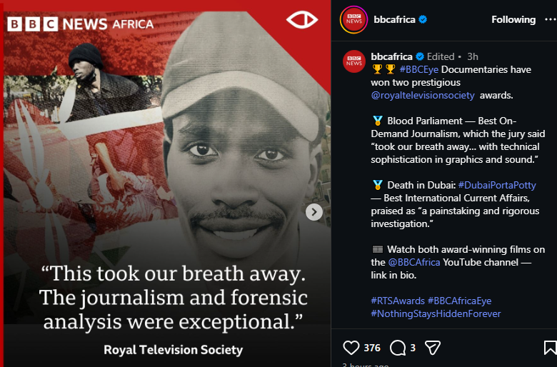 A post shared by BBC Africa on Instagram. PHOTO/Screengrab by K24 Digital