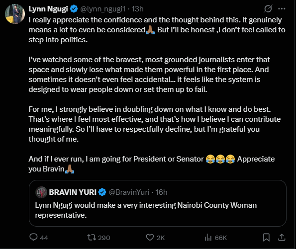 A post shared by Lynn Ngugi on X. PHOTO/Screengrab by K24 Digital
