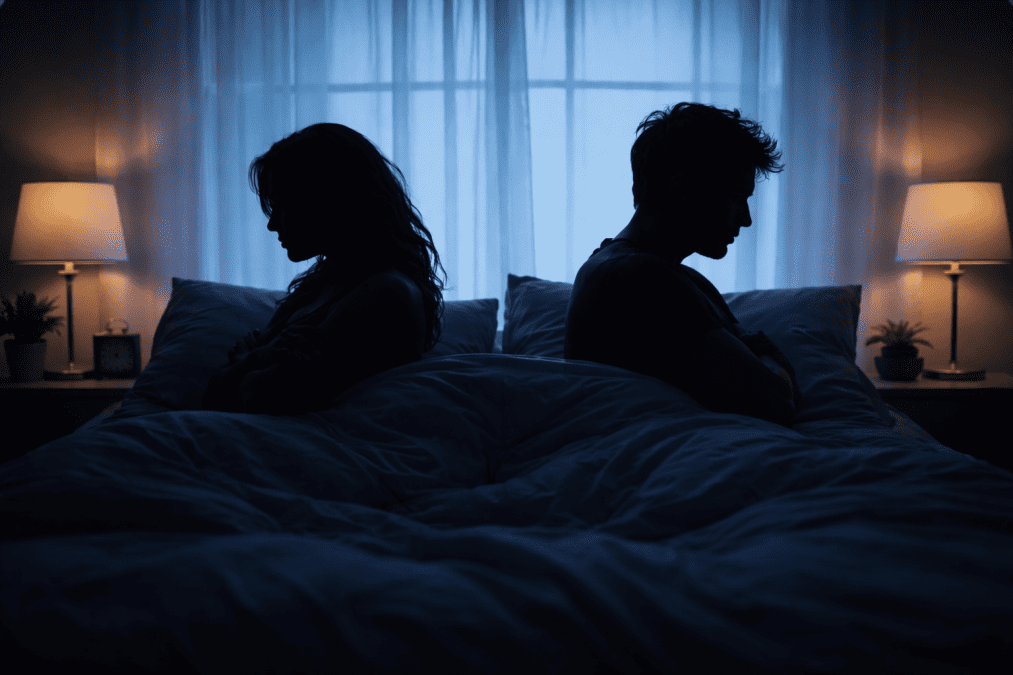 A moody silhouette shows a couple lying back to back in bed, facing opposite directions. PHOTO/Photo generated by AI