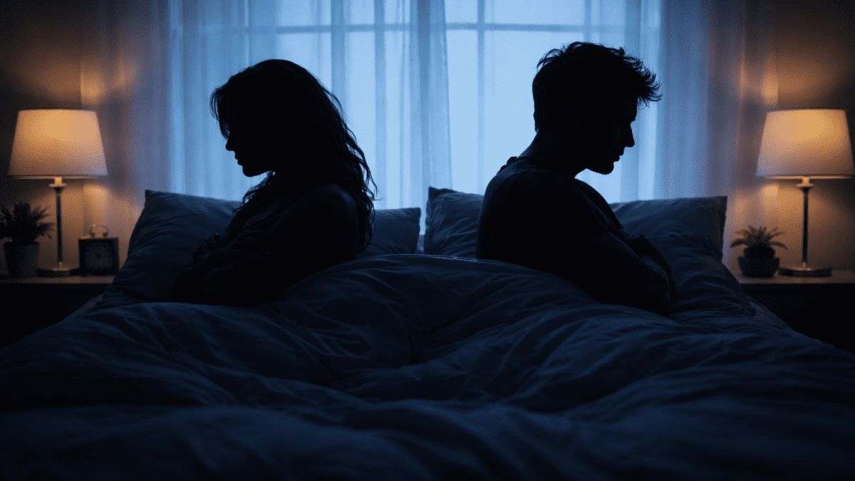 A moody silhouette shows a couple lying back to back in bed, facing opposite directions. PHOTO/Photo generated by AI