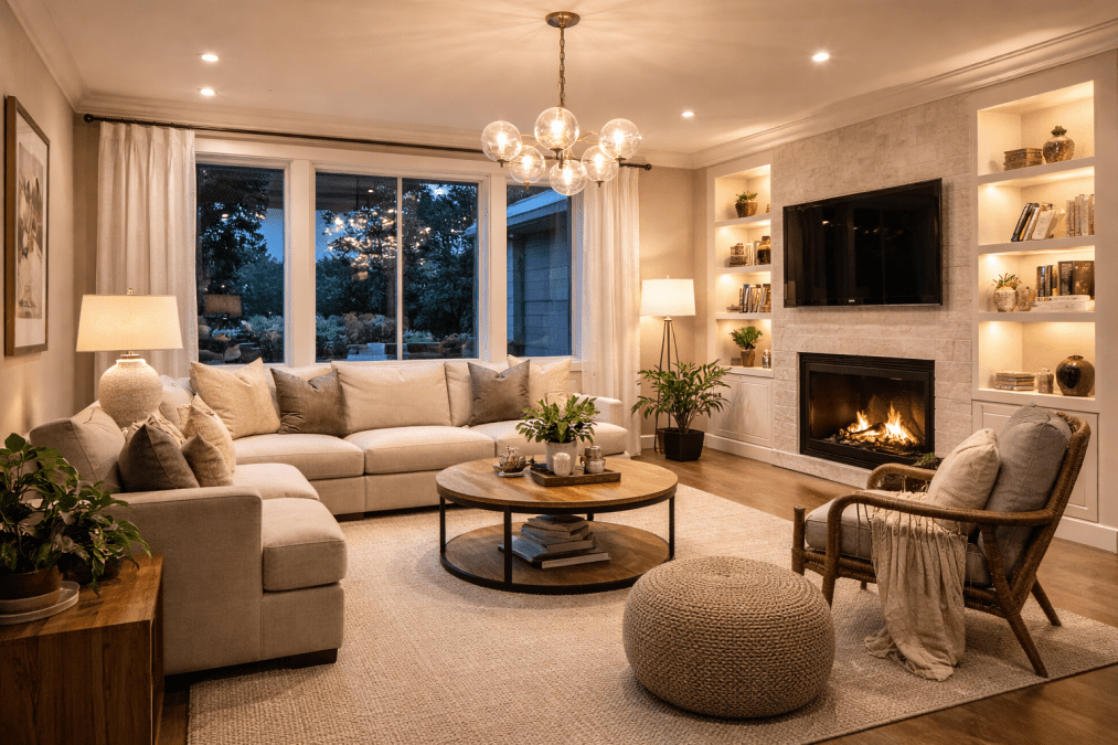 Modern living room interior with layered lighting design including ceiling lights and lamps to create a warm and well illuminated sitting space. PHOTO/ChatGPT/David Nthua