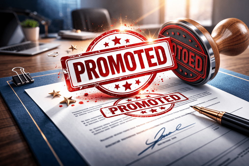 Red “PROMOTED” stamp graphic symbolising career advancement, workplace success and employee promotion. PHOTO/Photo generated by AI