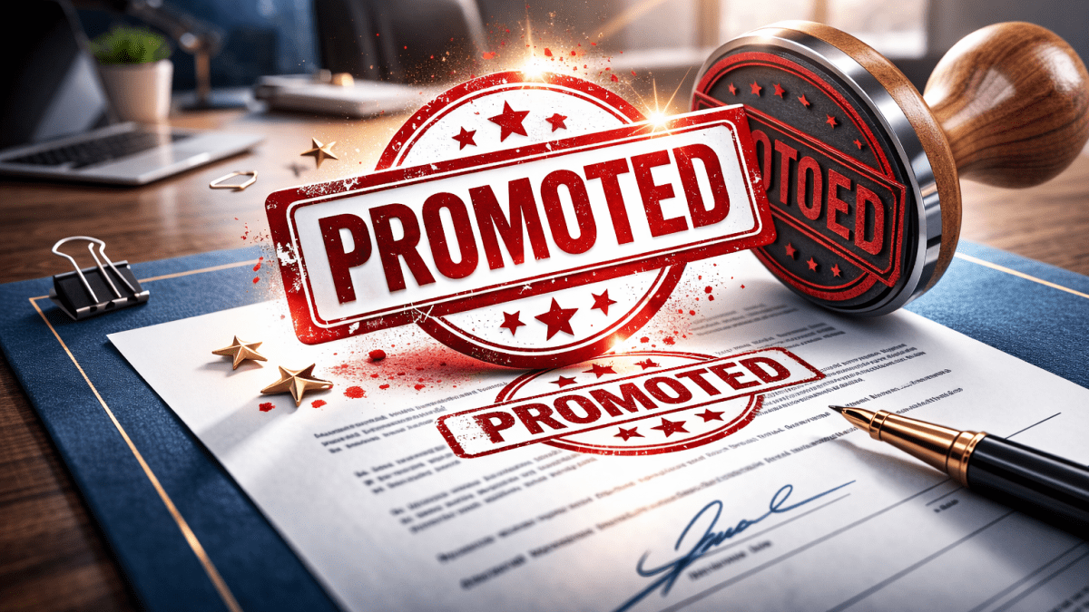 Red “PROMOTED” stamp graphic symbolising career advancement, workplace success and employee promotion. PHOTO/Photo generated by AI