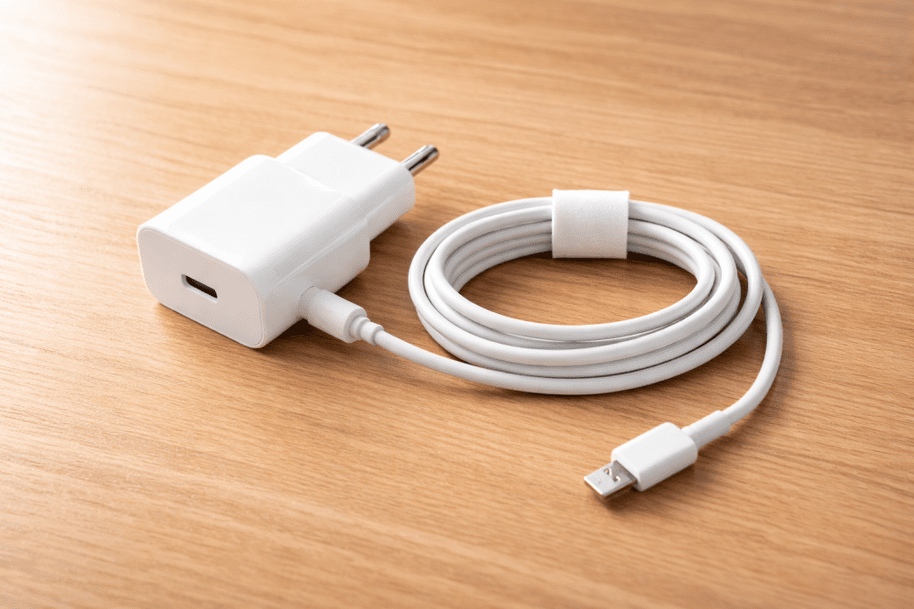 A phone charger placed on a wooden board. PHOTO/Photo generated by AI