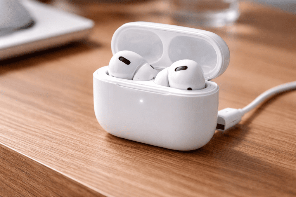 Earpods placed on a wooden board. PHOTO/Photo generated by AI