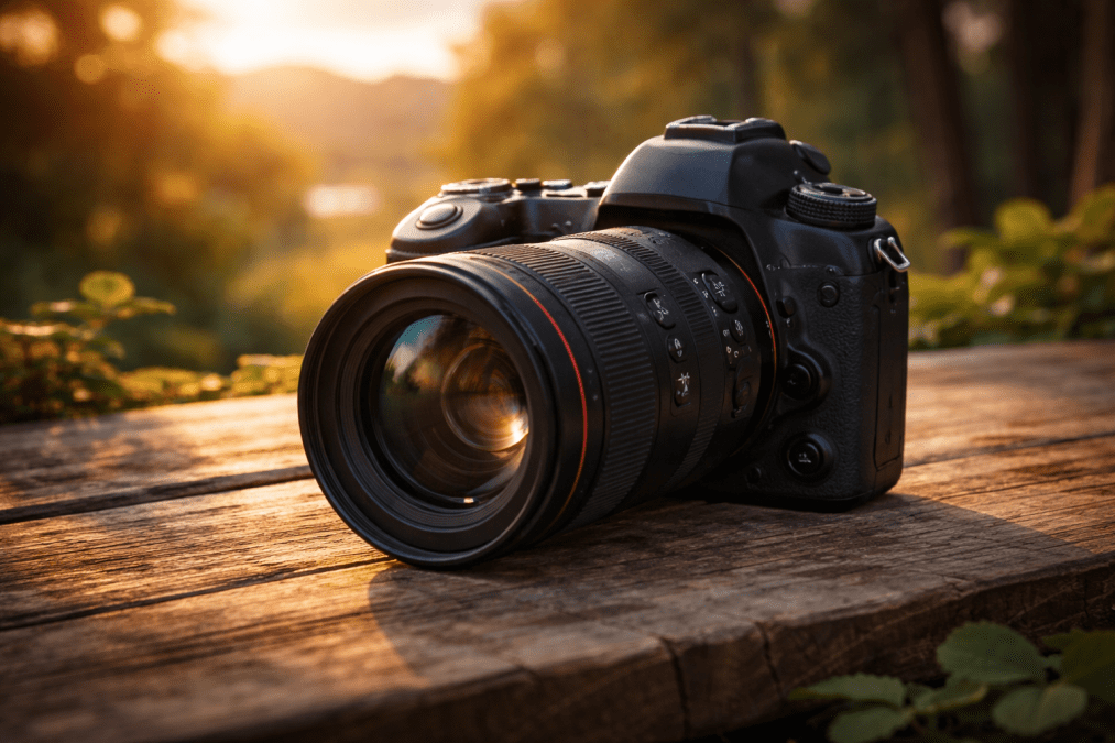 A camera placed pn a wooden board. PHOTO/Photo generated by AI