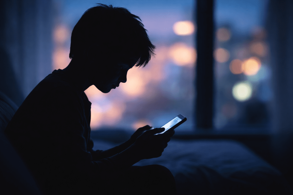 A sillhoete of a kid using phone. PHOTO/Photo generated by AI