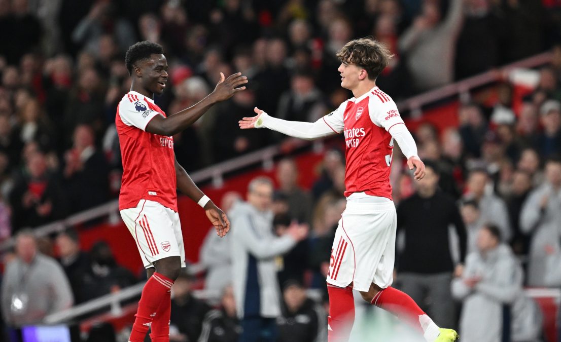 Max Dowman of Arsenal celebrates scoring his team's second goal with teammate Bukayo Saka. PHOTO/https://www.facebook.com/Arsenal/photos
