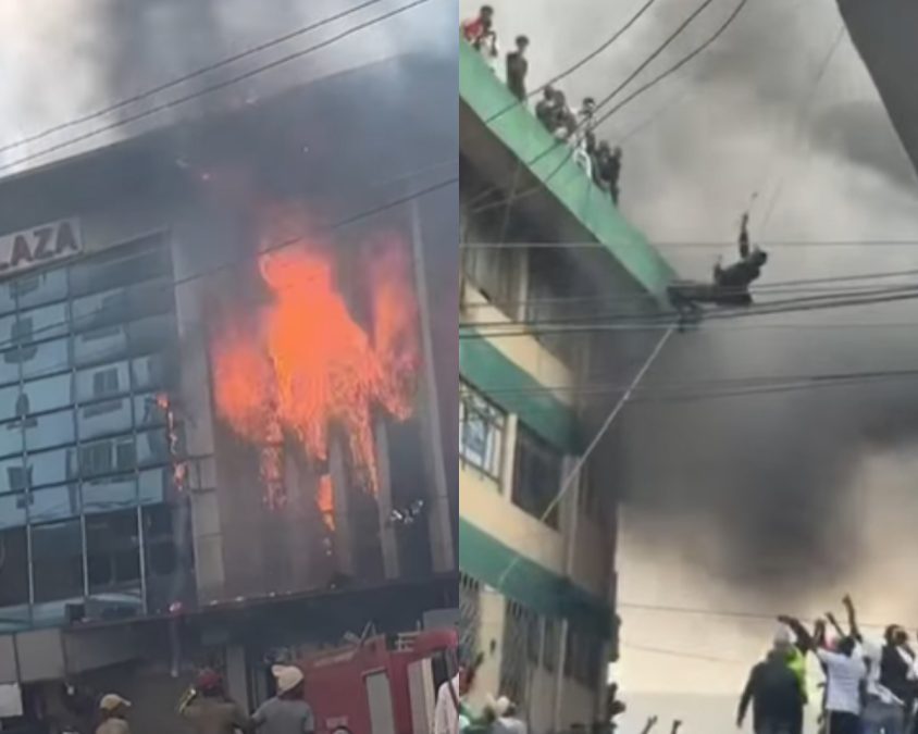 Dramatic scenes after a fire broke out at the Yare Plaza in Eastleigh. PHOTOS/https://www.facebook.com/fuad.hussen.969