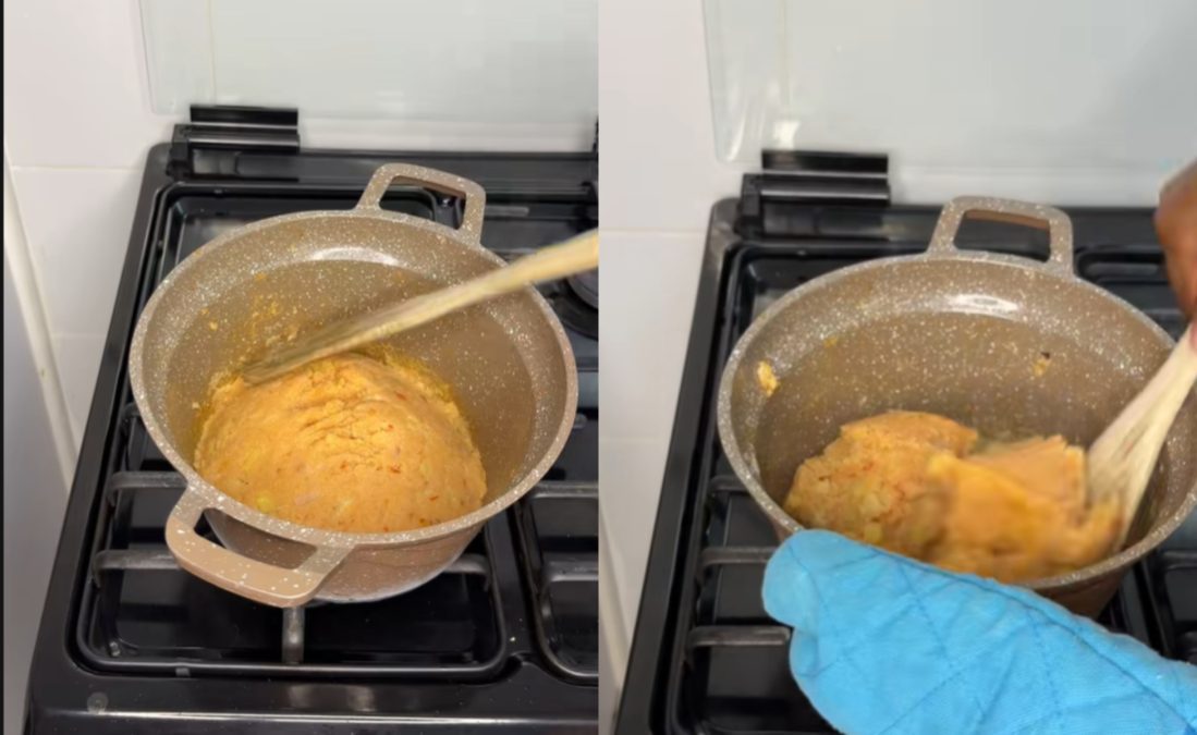 Digital content creator Lisah Gitau cooking a combination of ugali with potatoes