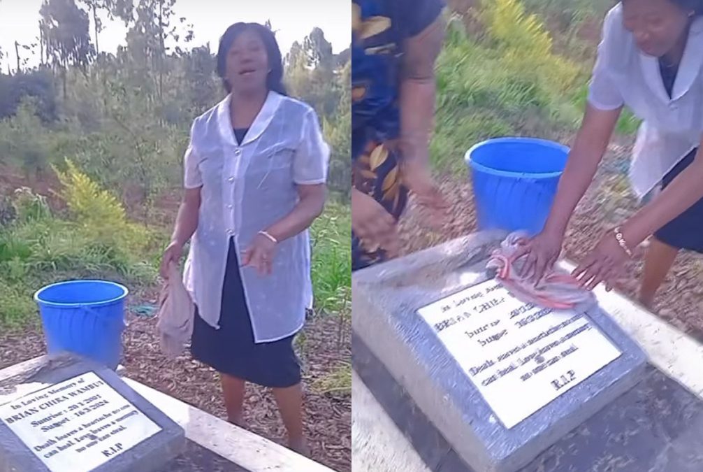 Brian Chira's grandma, Esther Njeri, cleaning his grave. PHOTO/Screengrab by K24 Digital of TikTok video by @shoshoyachira.