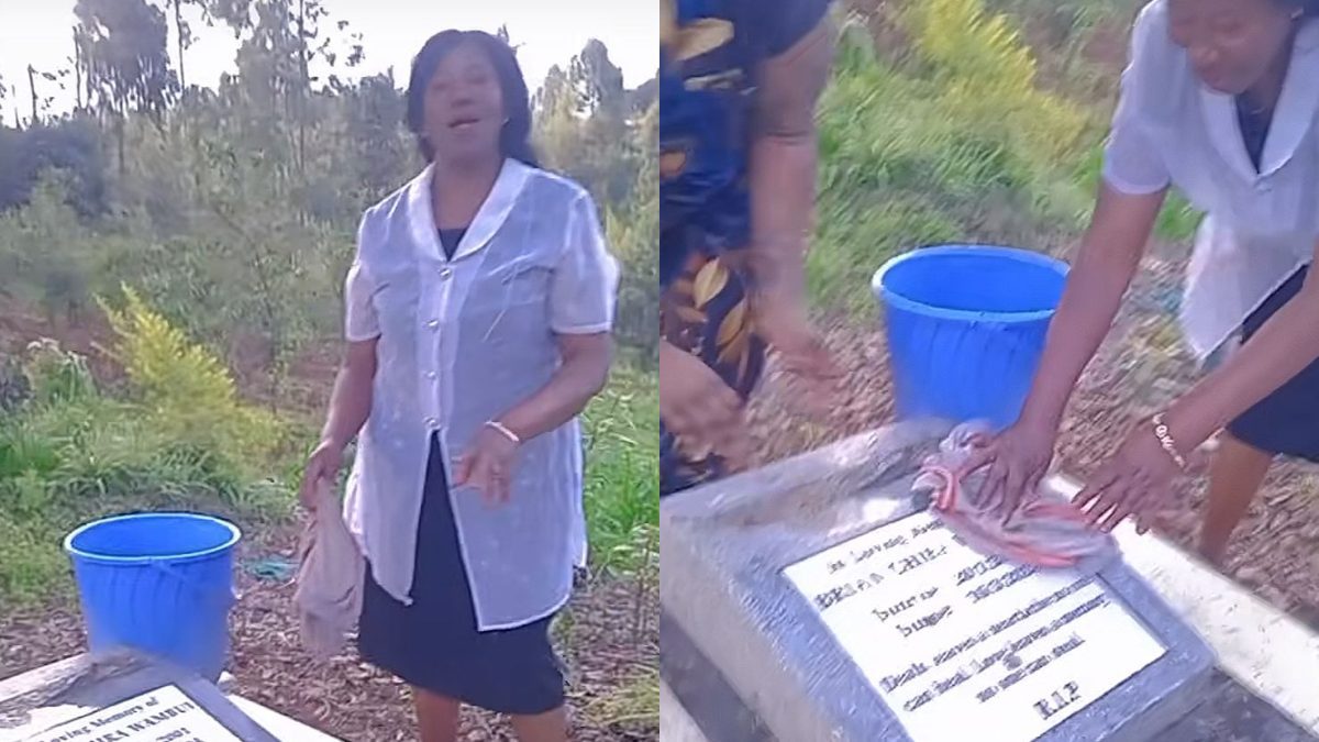 Brian Chira's grandma, Esther Njeri, cleaning his grave. PHOTO/Screengrab by K24 Digital of TikTok video by @shoshoyachira.