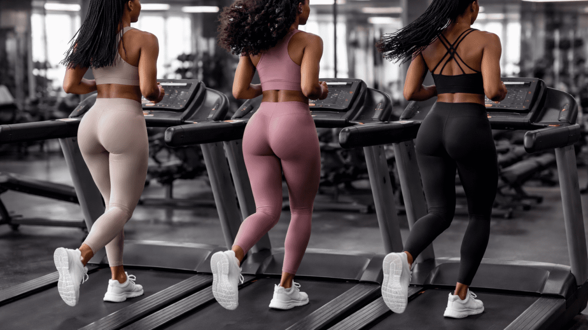 Gym babes running on a treadmill.