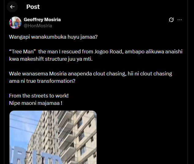 A post shared by Geoffrey Mosiria on X. PHOTO/Screengrab by K24 Digital