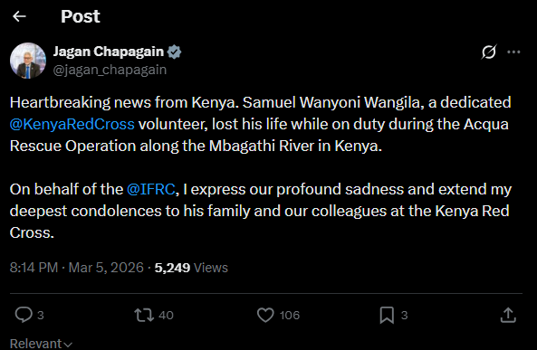 A post shared by Jagan Chapagain, IFRC Secretary General and CEO. PHOTO/Screengrab by K24 Digital