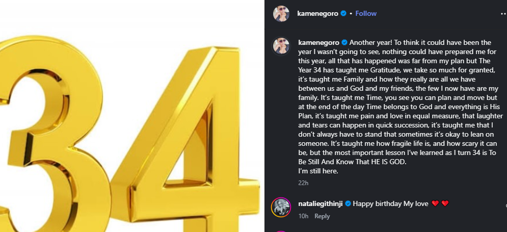 A post shared by Kamene Goro on her Instagram. PHOTO/Screengrab by K24 Digital