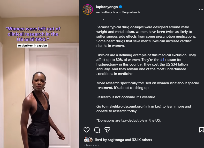 A post shared by Lupita Nyong'o on Instagram. PHOTO/Screengrab by K24 Digital