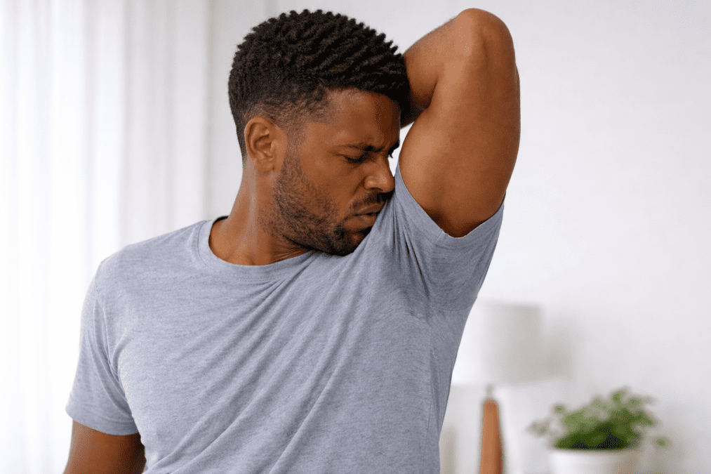 Man sniffing his underarms. Image used for illustration purposes. PHOTO/AI