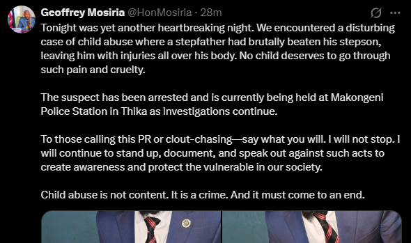 A post shared by Geoffrey Mosiria on X. PHOTO/Screengrab by K24 Digital