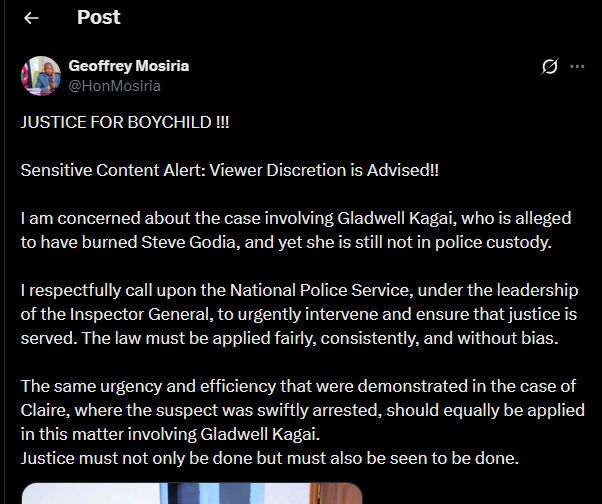 Geoffrey Mosiria's post on X. PHOTO/Screengrab by K24 Digital