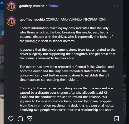 A post shared by Geoffrey Mosiria on Instagram. PHOTO/Screengrab by K24 Digital