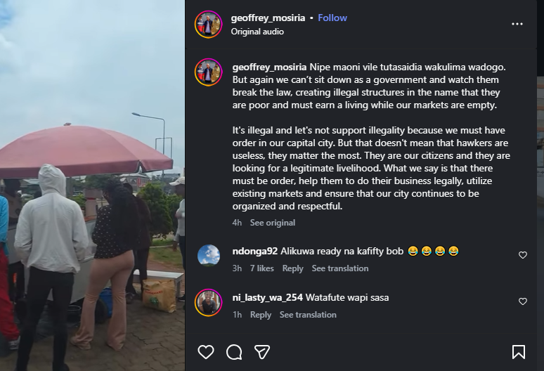 A post shared by Geoffrey Mosiria on Instagram. PHOTO/Screengrab by K24 Digital