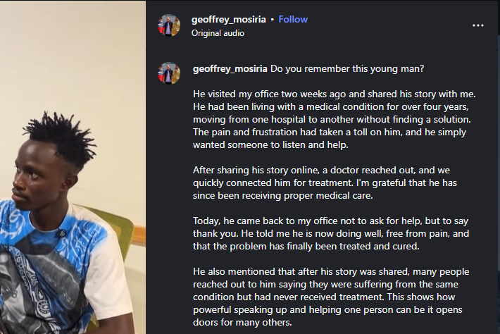 A post shared by Geoffrey Mosiria on Instagram. PHOTO/Screengrab by K24 Digital