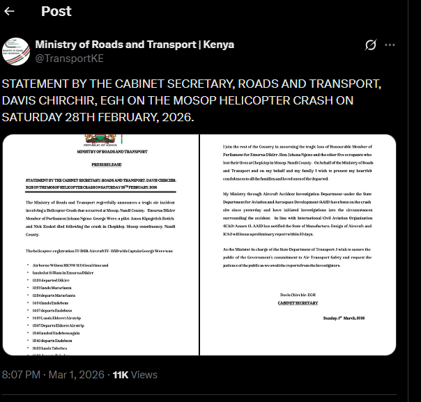 A post shared by Ministry of Roads and Transport on X. PHOTO/Screengrab by K24 Digital