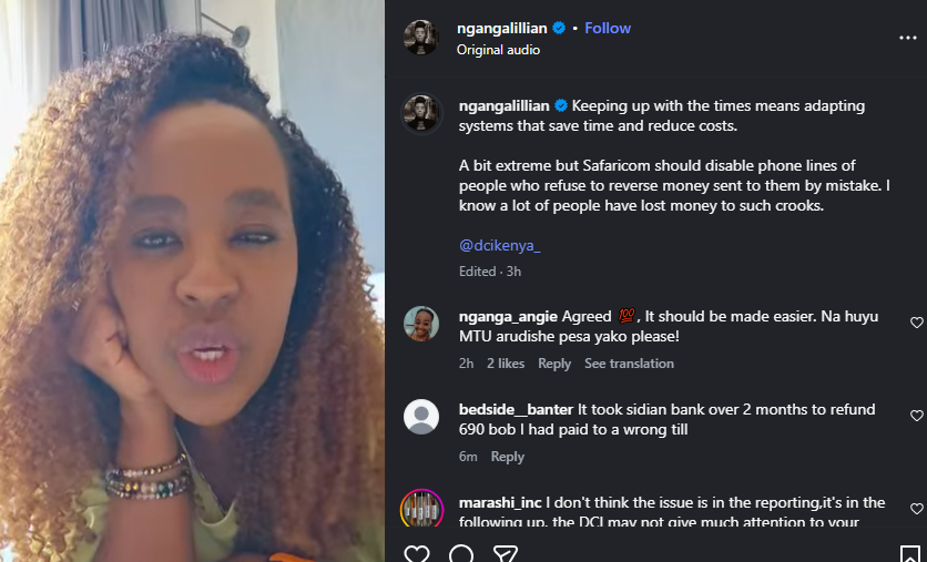 A post shared by Lilian Ng'ang'a on her Instagram. PHOTO/Sceengrab by K24 Digital