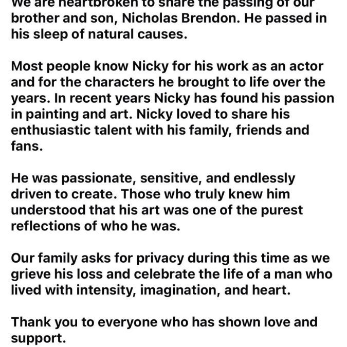Actor Nicholas Brendon's death announcement. PHOTO/@Nicholas Brendon/Instagram