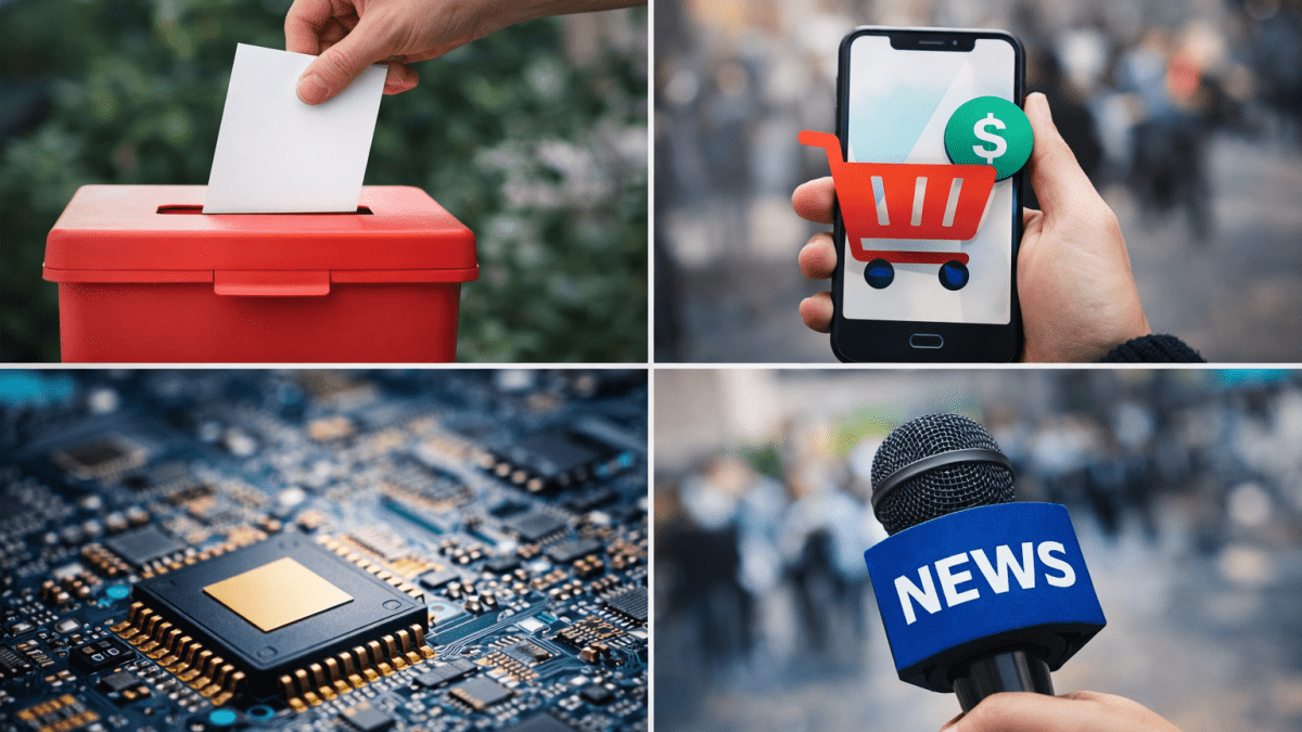 Four real scenes show voting, tech, e-commerce and news in a clean modern grid layout. PHOTO/ChatGPT/David Nthua