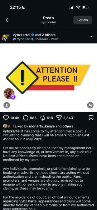 A post shared by Vybz Kartel on Instagram. PHOTO/Screengrab by K24 Digital