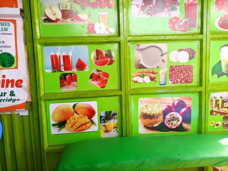 Well-designed graphics stuck on a metallic door inside a blended juice kiosk.
PHOTO/David Nthua