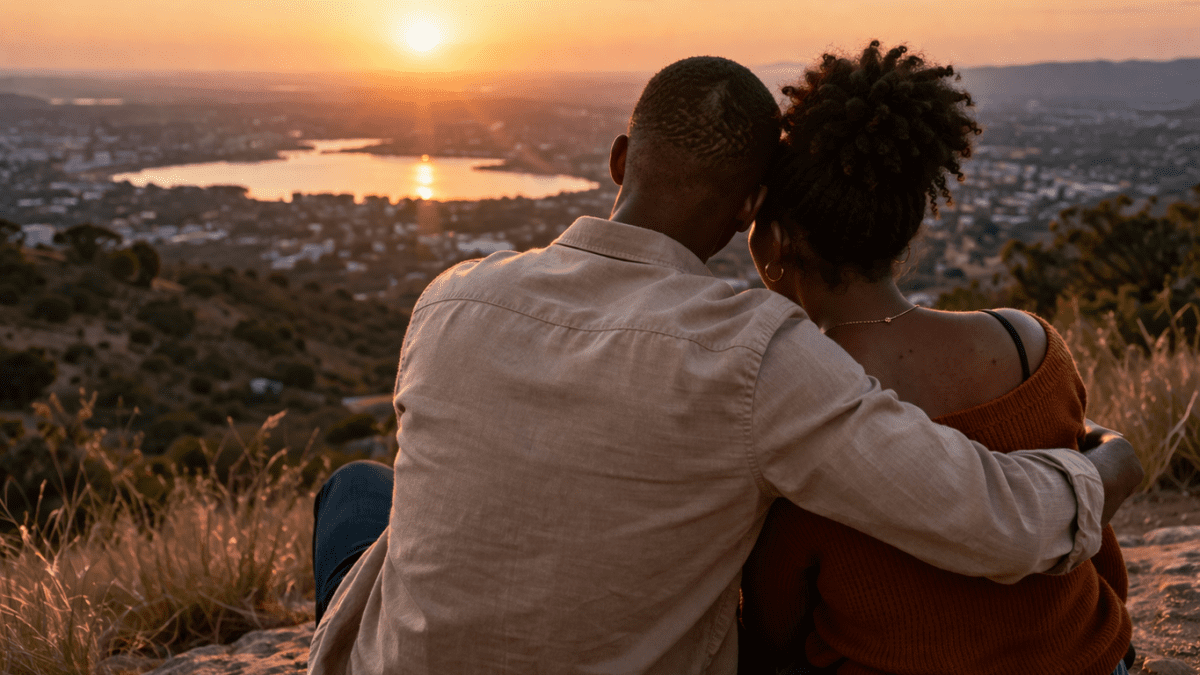 A young African couple sits closely on a hillside, viewed from behind as they embrace and watch the sun set over a calm city and lake. PHOTO/Photo generated by AI