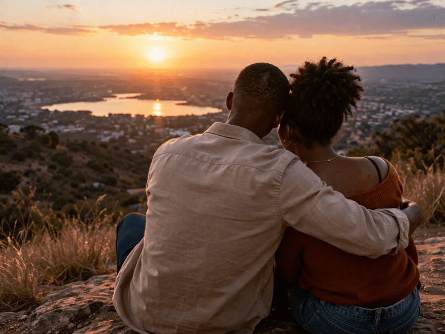 A young African couple sits closely on a hillside, viewed from behind as they embrace and watch the sun set over a calm city and lake. PHOTO/Photo generated by AI