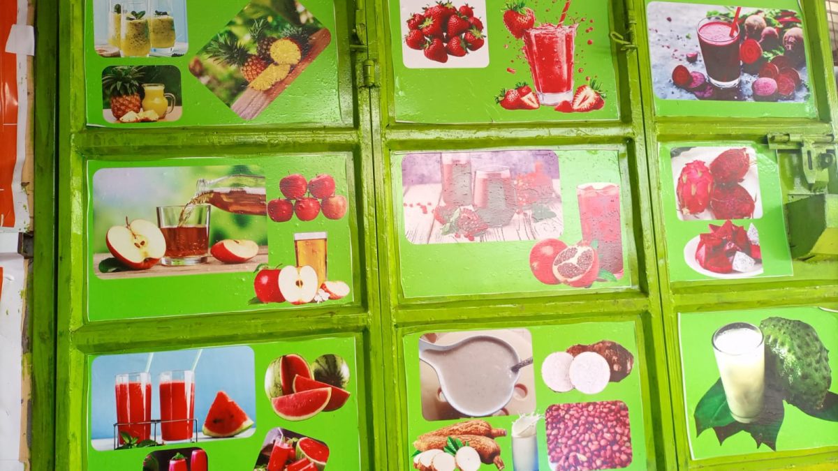 Well-designed graphics stuck on a metallic door inside a blended juice kiosk. PHOTO/David Nthua