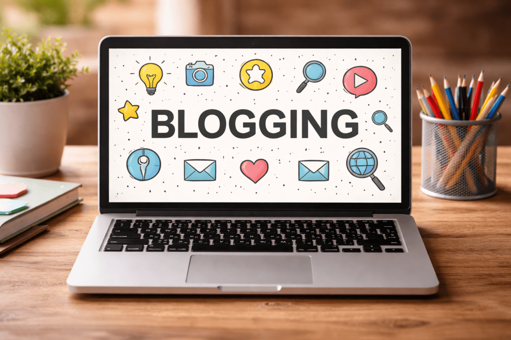 A sleek laptop sits on a wooden desk displaying &ldquo;BLOGGING&rdquo; on screen, surrounded by colourful creative icons in a clean, modern workspace. PHOTO/Photo generated by AI