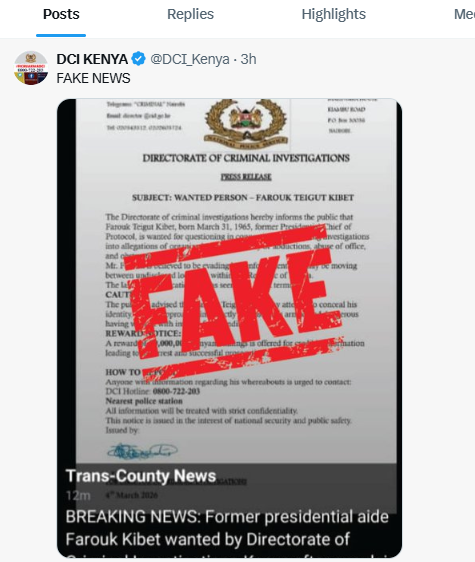 DCI denies wanting Farouk. PHOTO/Screengrab by K24 Digitall from X by @DCI_Kenya