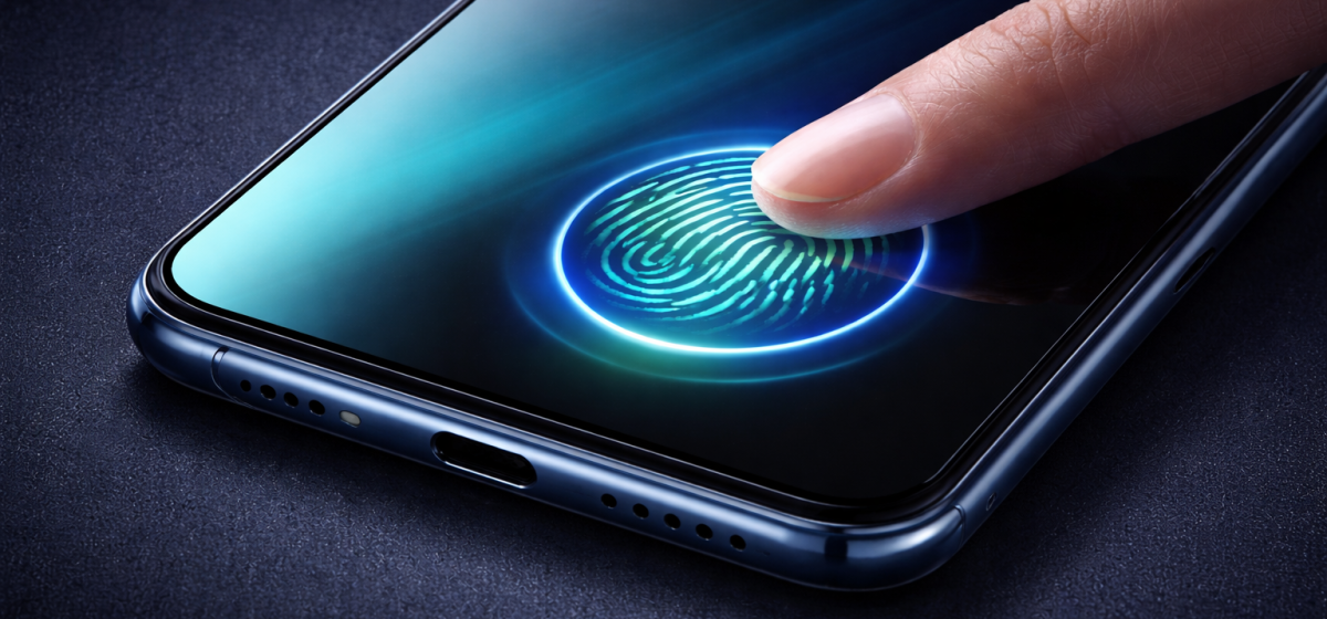 Realistic landscape close up of a smartphone in display fingerprint scanner unlocking with a finger touch for secure biometric phone authentication. PHOTO/ChatGPT/David Nthua