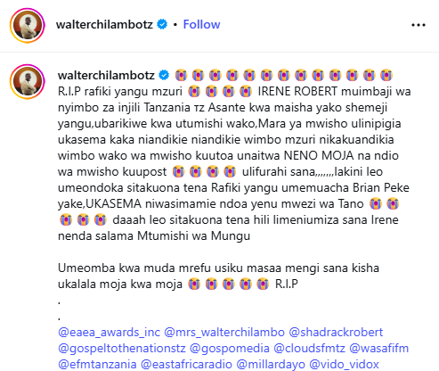 Screengrab of Walter Chilambo's post announcing the death of Irene Robert PHOTO/@walterchilambotz/Instagram