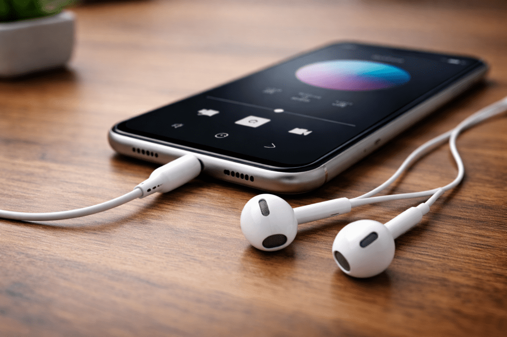 Earphones connected to a smartphone. PHOTO/Photo generated by AI