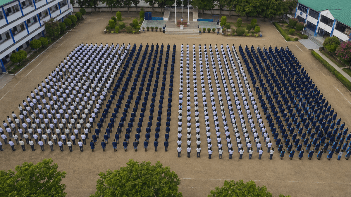 Aerial landscape view of secondary school students standing in neat rows during morning assembly. PHOTO/Photo generated by AI