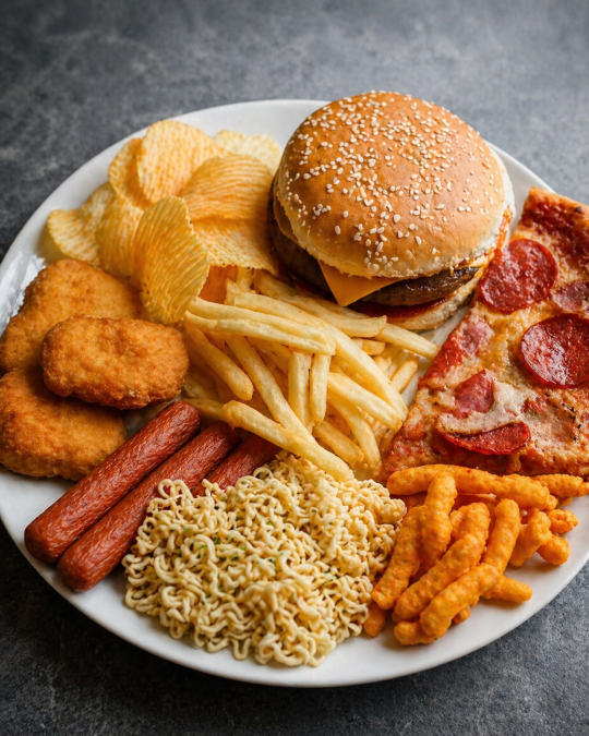 Plate filled with ultra-processed foods. PHOTO/Photo generated by AI