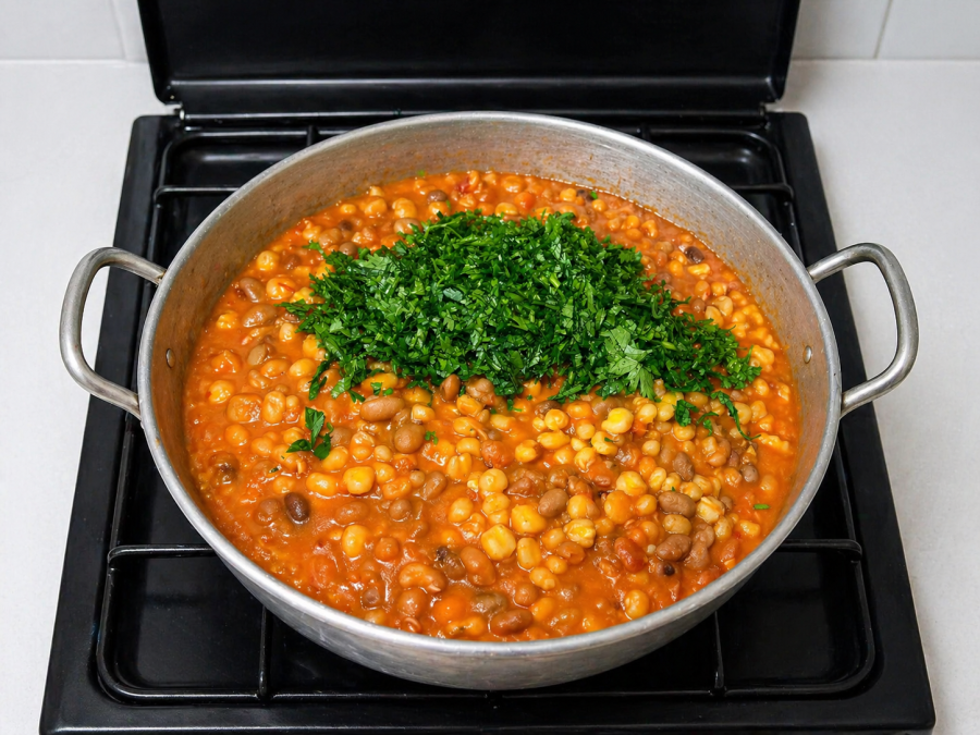 Muthokoi cooking in a sufuria on a stovetop in Kenya, showing maize and beans stew topped with fresh chopped coriander. 