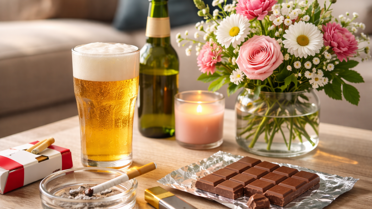 Beer, flowers, chocolate and cigarettes arranged on a coffee table in a cosy indoor setting. PHOTO/Photo generated by AI
